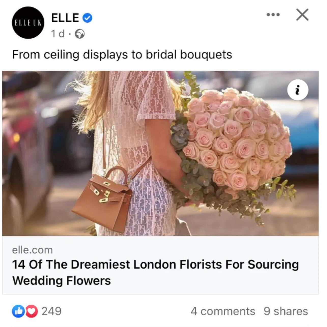 ELLE post with a woman holding flowers and a handbag, featuring text about wedding florists.