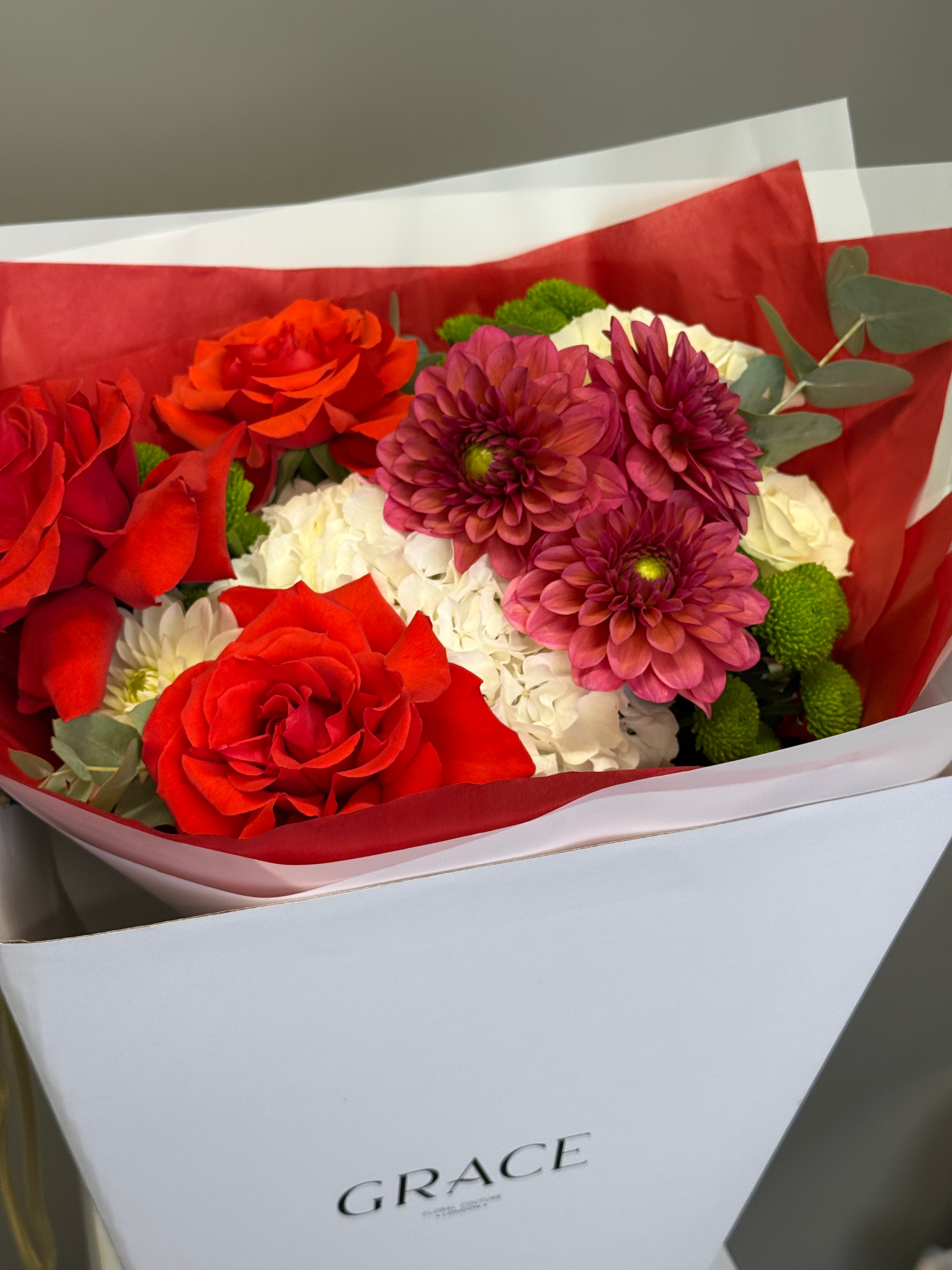 Red rose bouquet detail with burgundy dahlia and eucalyptus, Grace Floral Couture London
