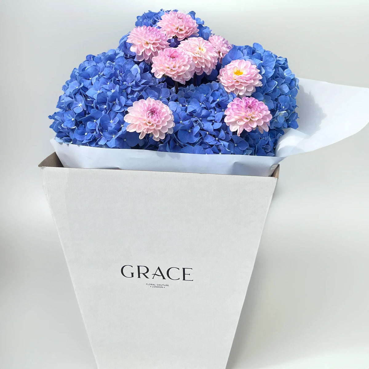 Blossom blue hydrangea and dahlia bouquet by Grace Floral London