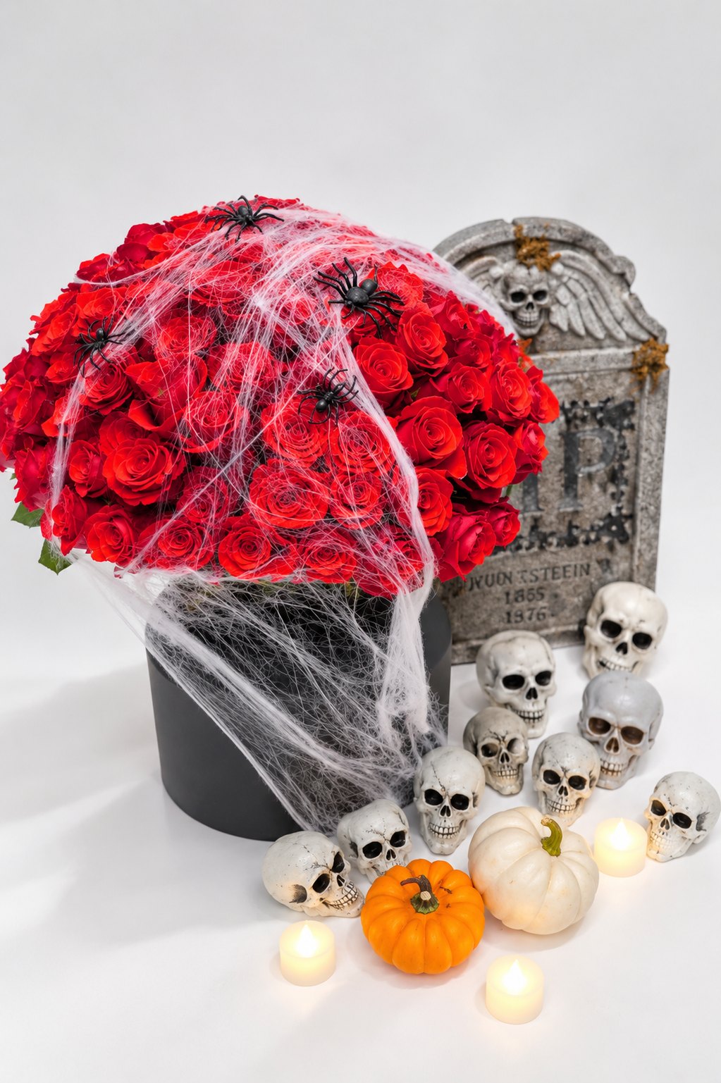 Red spooky arrangement in a vase