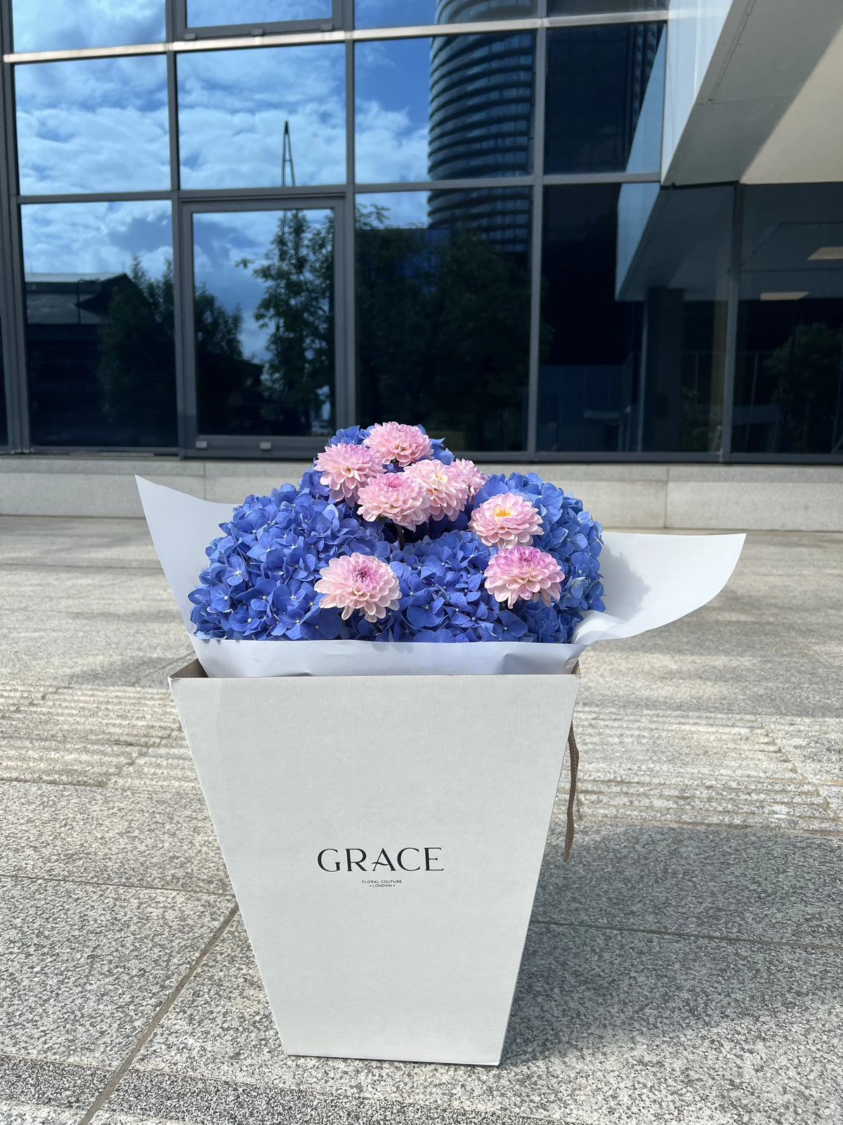 Blossom blue hydrangea and dahlia bouquet by Grace Floral London