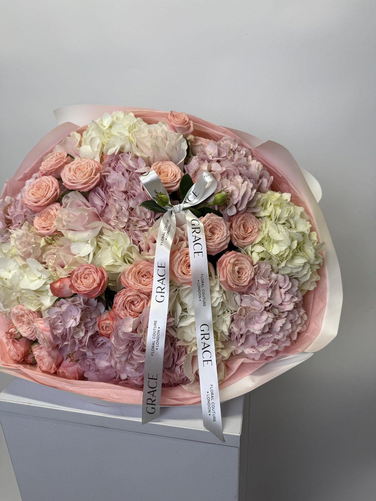 Abadello pink hydrangea and rose bouquet by Grace Floral London