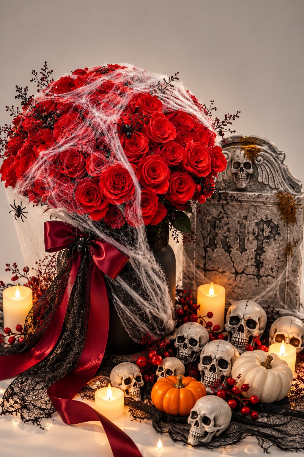 Red spooky arrangement in a vase